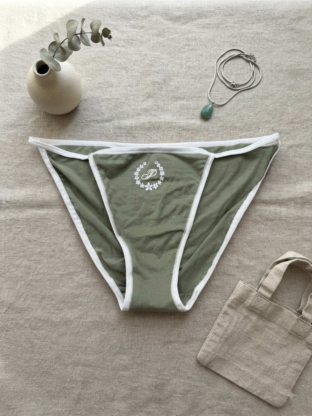 PINK Victoria's Secret Olive Green Bikini Panty with White Trim